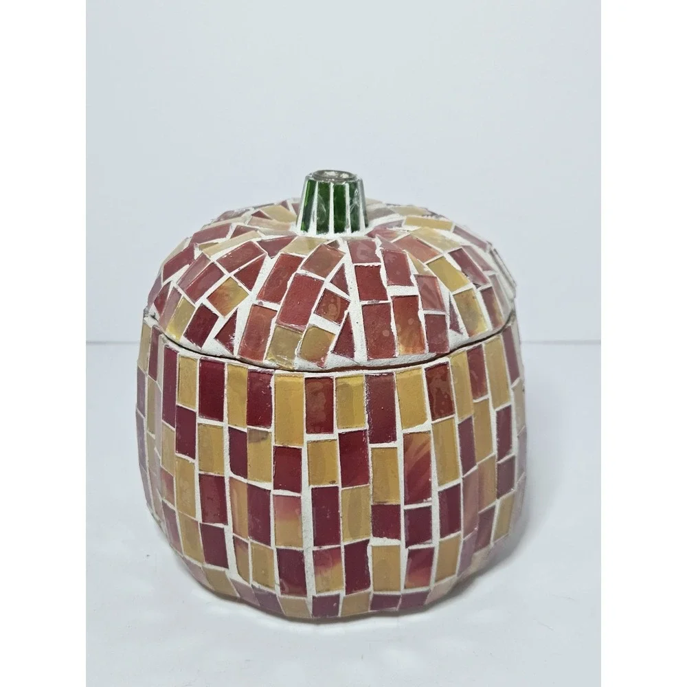 Handmade Mosaic Glass Pumpkin Trinket Box Candle Holder Fall Halloween Decor 5in